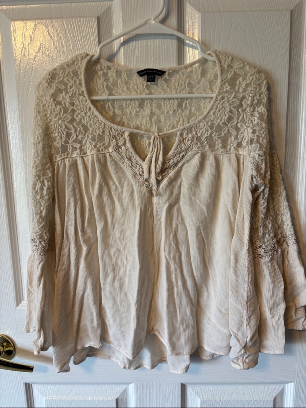 American Eagle Outfitters Cream Lace Yoke Peasant Top